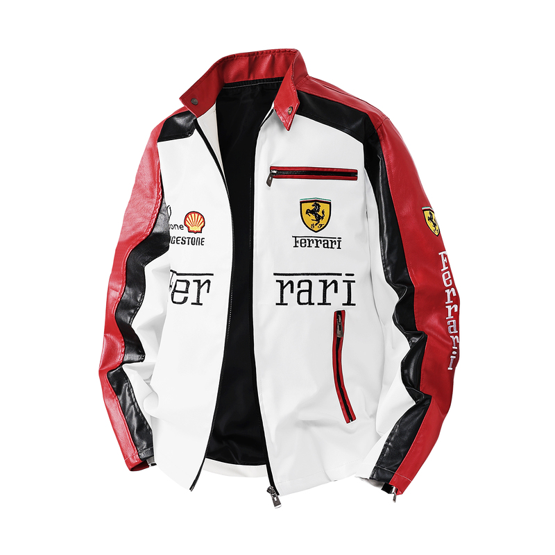2026 New Cycling Jacket Leather Jacket F1 Racing Style Stand Collar Jacket Motorcycle Jacket Red Black and White Contrast Embroidery Coat