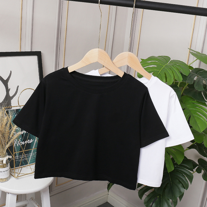 Short T-Shirt for Petite Women, Summer Korean Style, Loose Fit, High Waist, Midriff-Baring, Solid Color, Ultra-Short, White, Pure Cotton, Short-Sleeved Top