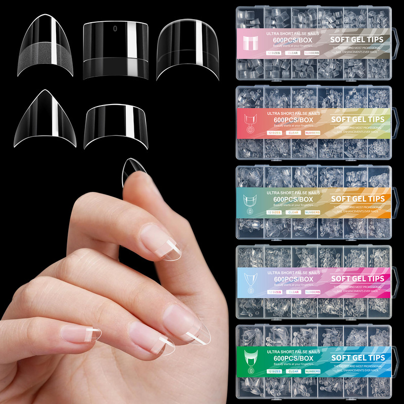 Nail Tips, Ultra-Short, Light Half-Stick, Crescent French Nails, No Filing Required, for Nail Salons, Natural Extension, Traceless, Transparent