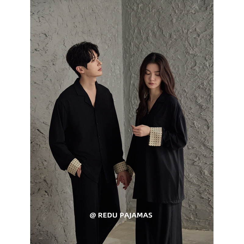 Hot and Trendy Black Couple Pajamas for Women, Spring and Autumn Modal with Chest Pads, Men's High-End Home Wear Set, New Style