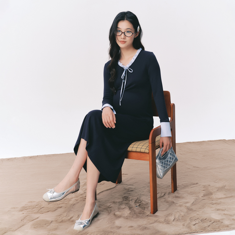 Bellywear Maternity Wear Stylish Maternity Dress in College Blue with a High-End Feel, Not Obvious as Maternity Wear, Patchwork Shirt Dress for Women