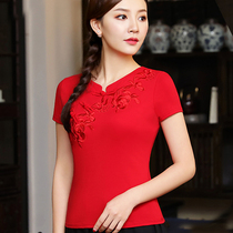 Chinese style womens clothing 2021 summer national style embroidered pure cotton T-shirt womens retro plus size embroidered bottoming shirt