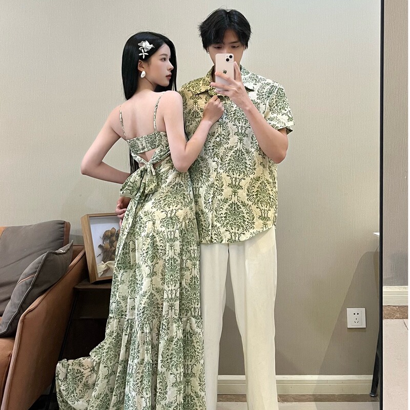 Short-Sleeved Men's Beach Shirt, Mid-Length, Slim Fit, Slimming, Floral Suspender Skirt for Girls, Vacation Travel Couple