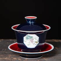 Jingdezhen Ji blue glaze Sancai cover bowl tea cup ceramic household handmade tea bowl kung fu tea set anti-scald hand opening window