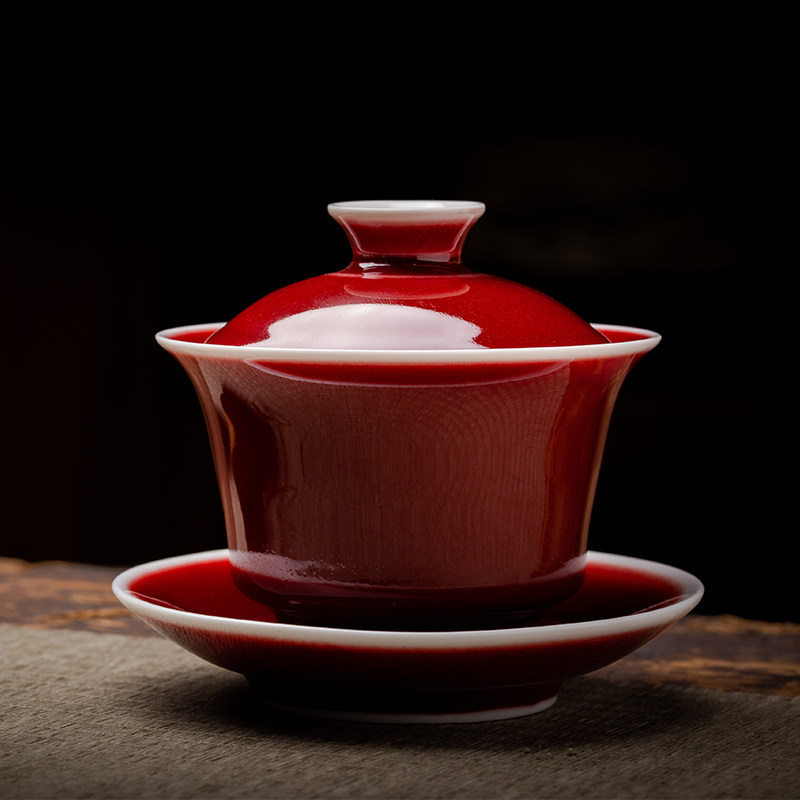 Jingdezhen Lang red glaze Sancai cover bowl teacup ceramic household handmade tea bowl Kung Fu tea set not hot