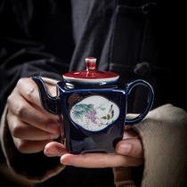 Jingdezhen Ji blue glaze handmade teapot with window opening ceramic single pot household kung fu tea set square pot with large capacity