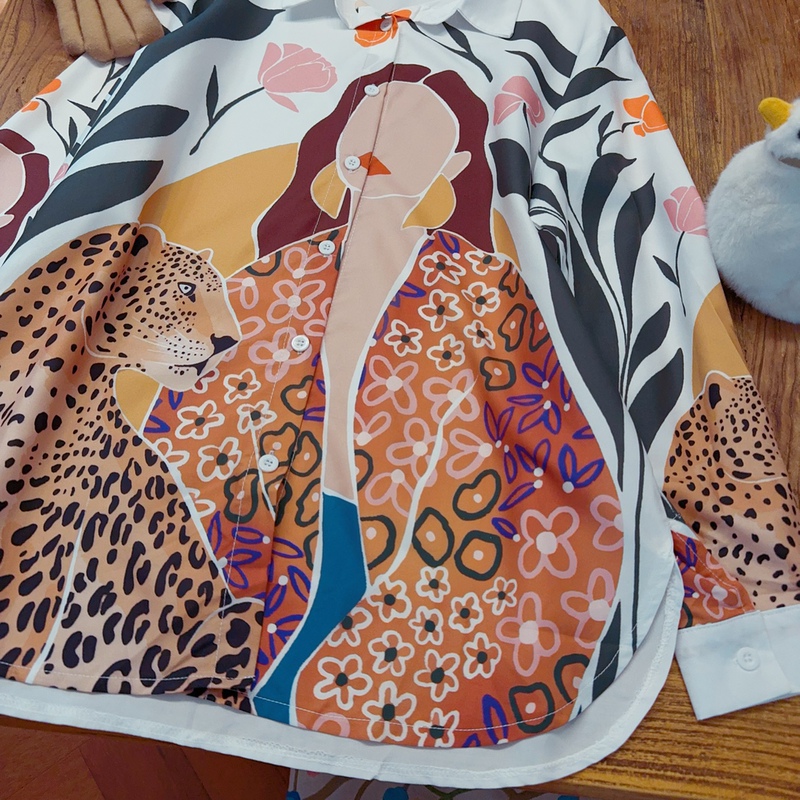 Rom2 Cheetah Print, Personalized Artistic Illustration Style, Retro Casual Lazy Style Long-Sleeved Shirt