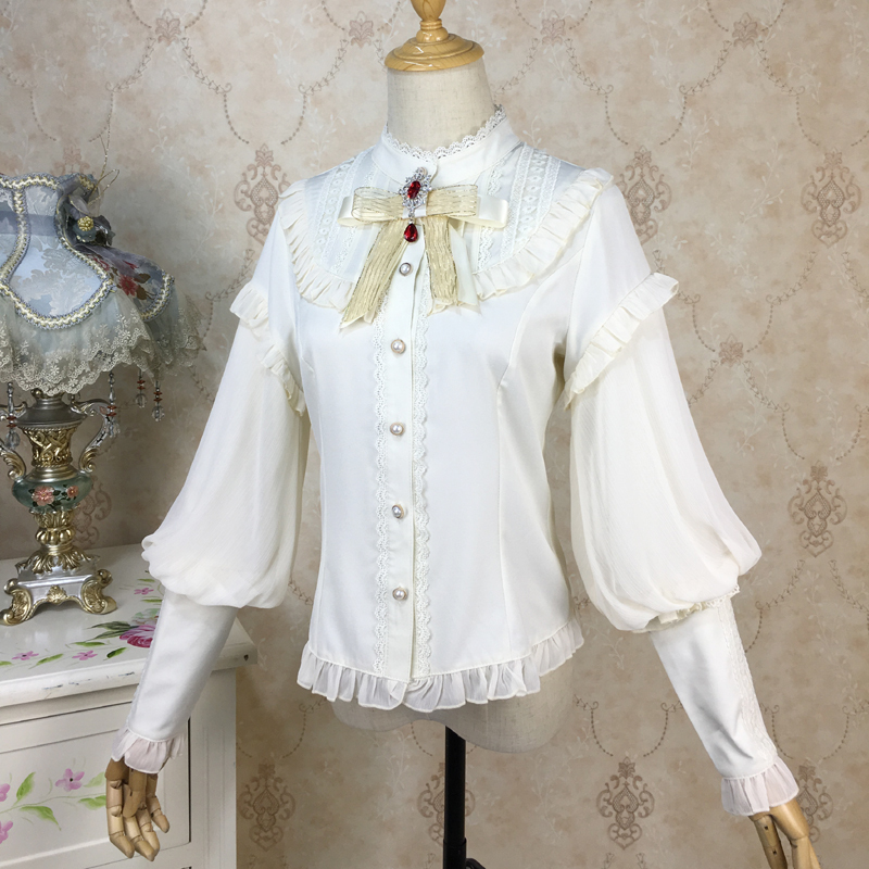 Original Spring and Autumn Stand-Up Collar Lolita Dress Shirt with Lace Long Sleeves, Inner Layer with Lamb Sleeve Chiffon Shirt, Fleece-Lined and Thickened