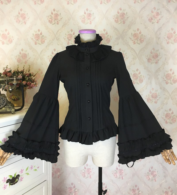 Gothic Retro Lolita Dress with Lace Bell Sleeves, Spring and Autumn Lantern Long-Sleeve Stand-Up Collar Shirt