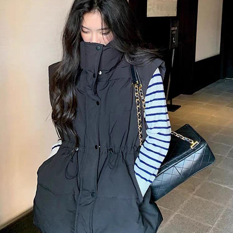2025 Autumn/Winter New White Duck down Vest for Women, Mid-Length, Waist-Cinching, Stand Collar, Sleeveless Jacket, Trendy