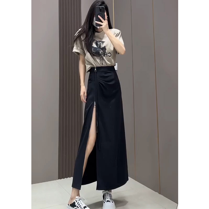European-Style Pleated Zipper Side-Slit Niche Design High-Waisted Skirt, Summer Fashion Mid-Length Bodycon Skirt