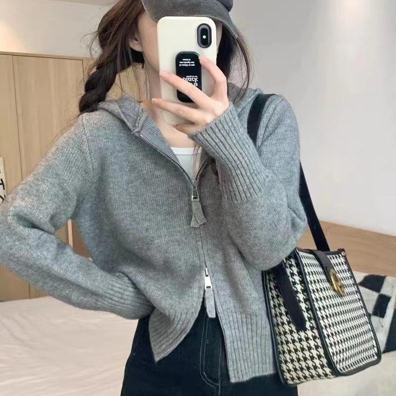 New Autumn and Winter Double Zipper 100% Pure Wool Cardigan Women's Hooded Short Sweater Jacket Loose Cashmere Knitwear