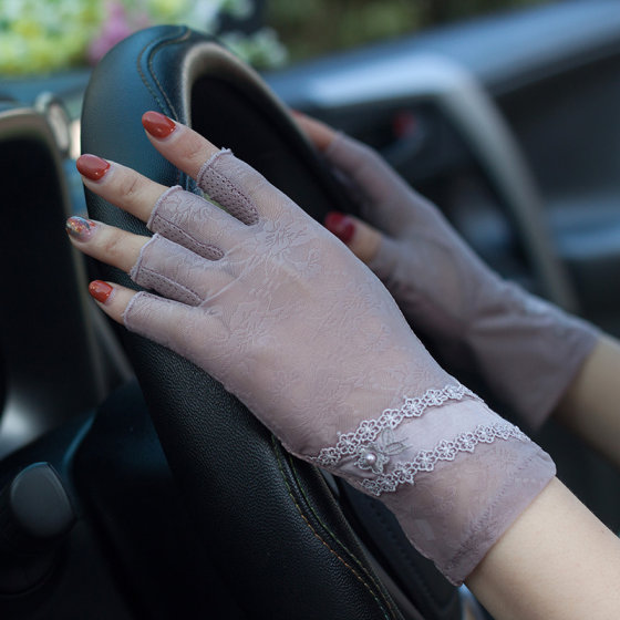 Half-finger lace lace sunscreen gloves women's summer ice silk dew finger non-slip driving outdoor sports thin gloves