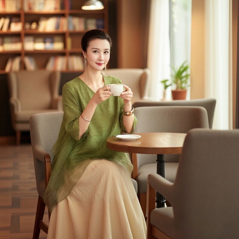 [Guiyunxie] Mid-Sleeve Top, New Chinese Style, Summer Loose Fit, Plus Size, Slimming, Covers the Body, V-Neck, Versatile, Casual