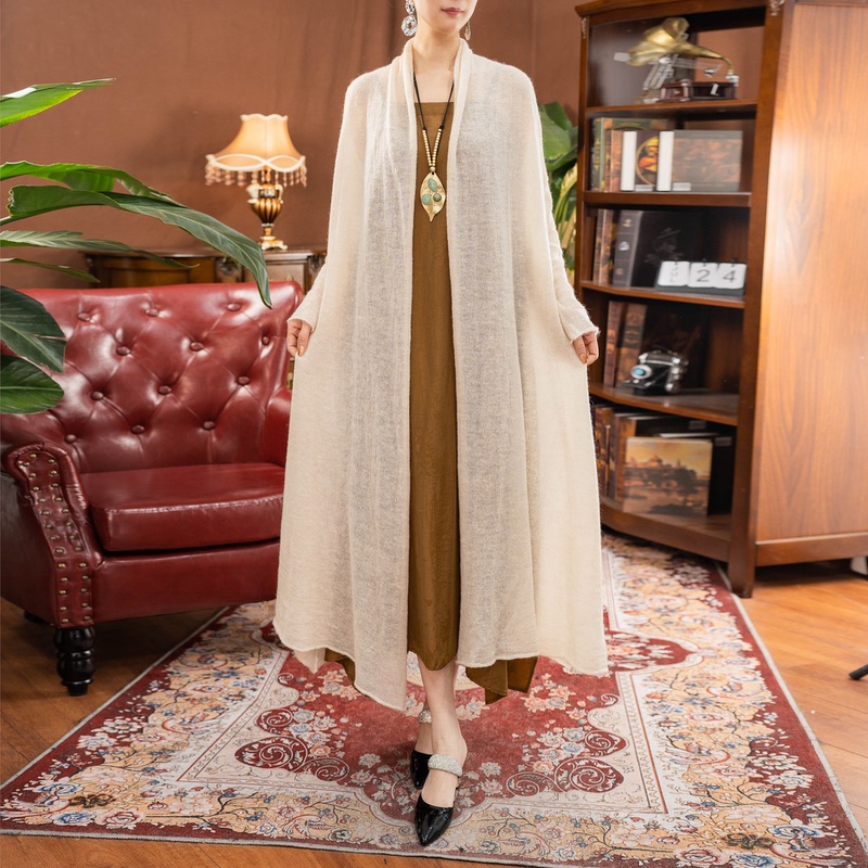 Spring New Arrival Long Oversized Wool Cream White Cardigan Coat Fashionable Loose Chinese Style Thin Long Skirt Outerwear