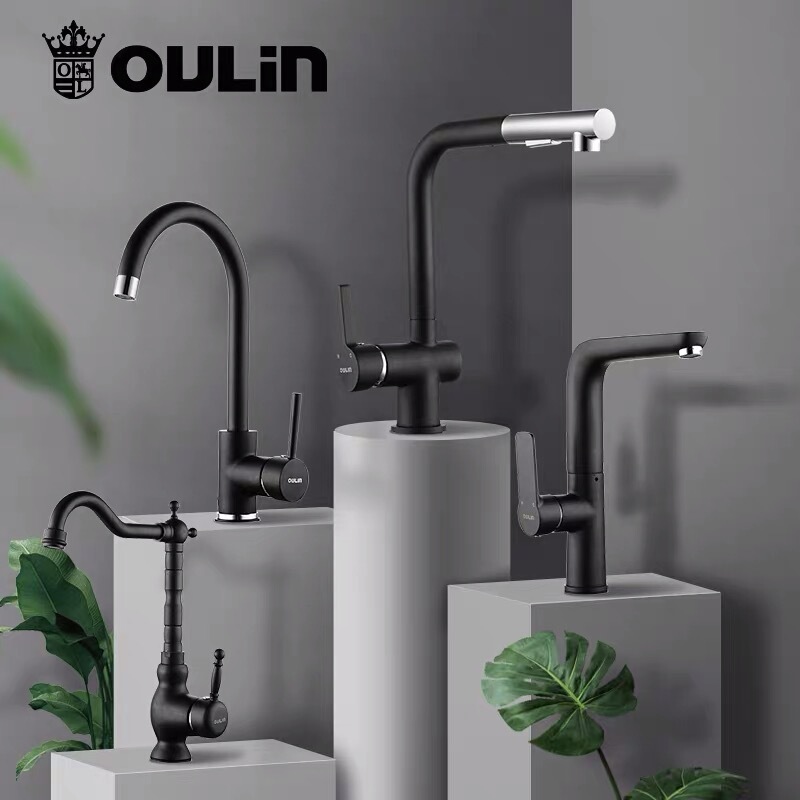 Oulin Black Quartz Stone Kitchen Sink Pull-Out Kitchen Black Faucet Sink Faucet 8006K-01