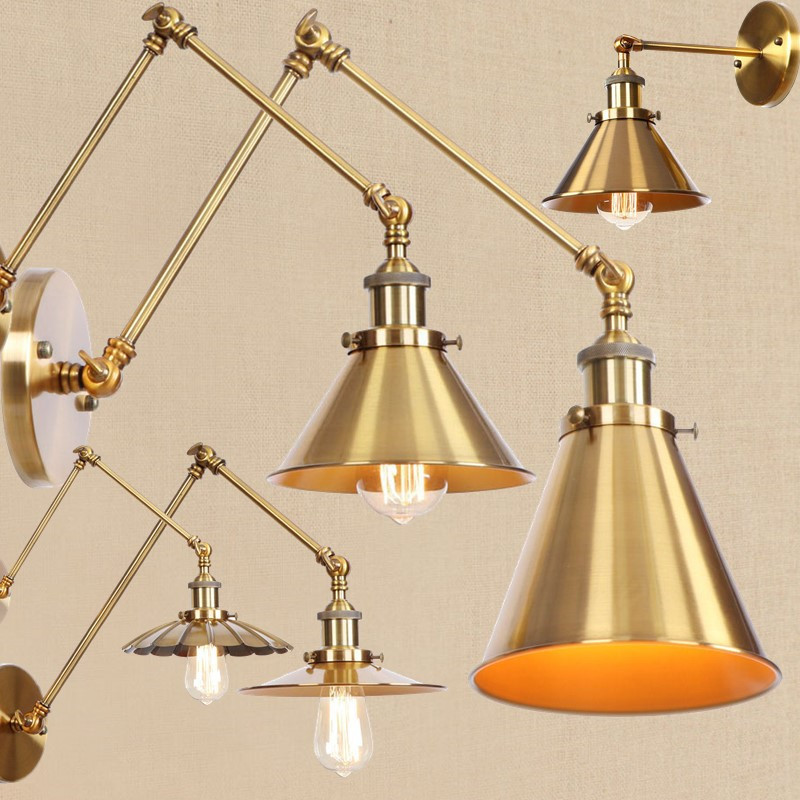 Retractable Folding Wall Lamp Nordic Style Bedroom Bedside Lamp Bronze Wall Lamp Simple Retro Living Room Swing Arm Lamp