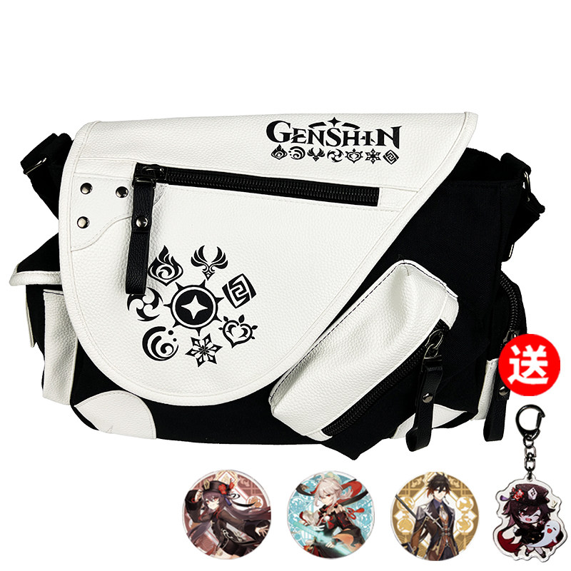 กระเป๋าคาดตัว Genshin Impact สำหรับผู้ชาย กระเป๋าสะพายไหล่ผ้าแคนวาสความจุใหญ่ ลายเกมสินค้าจาก Hu Tao และ Keqing เหมาะสำหรับนักเรียนมัธยมต้น มัธยมปลาย และมหาวิทยาลัย