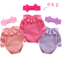 Spring and Autumn Princess Female Baby Pit Lotus Leaves Collar Triangle Ha Clothes Baby Cotton Long Sleeve One-piece Wirt Hair Belt