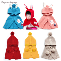 Spring and autumn men and women Baby Baby wool knitted cloak rabbit ear cloak buckle hanging small ball hooded shawl