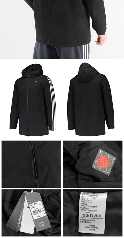 Adidas 2018 chính hãng mùa đông mới cho nam thể thao giản dị áo khoác dài trùm đầu bằng vải bông BQ8612