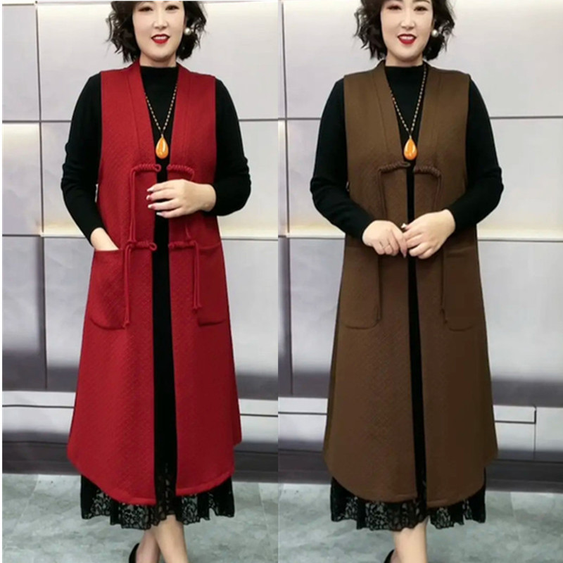 New Spring and Autumn Outerwear, Age-Reducing Black Knitted Cotton Vest for Women, Mid-Length Style, This Year's Popular Vest