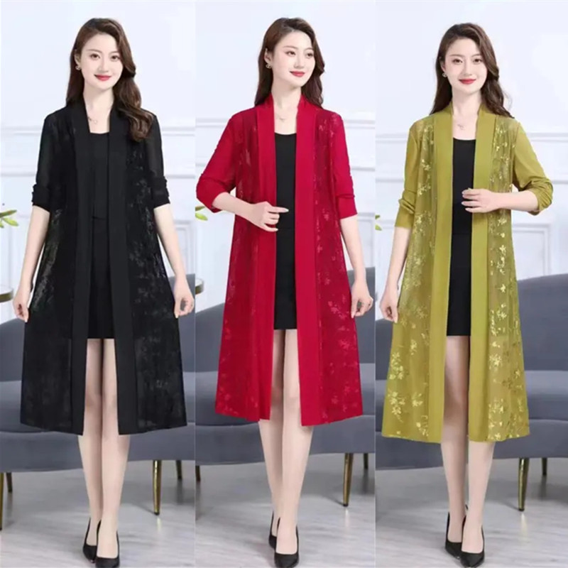 Fashionable Slimming Mid-Length Over-The-Knee Thin Cardigan Jacket for Women, Suitable for Spring, Autumn, and Summer, Black Shawl to Wear over a Dress