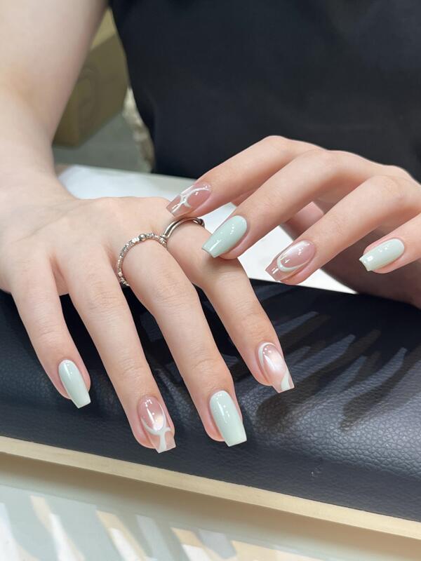 Handmade Wearable Nails, Short and Medium Length, Mint Green Line Design, Glass Beads, Cat Eye, Brightening, Pure and Alluring Style Handmade Wearable Nails, Short and Medium Length, Mint Green Line Design, Glass Beads, Cat Eye, Brightening, Pure and Alluring Style