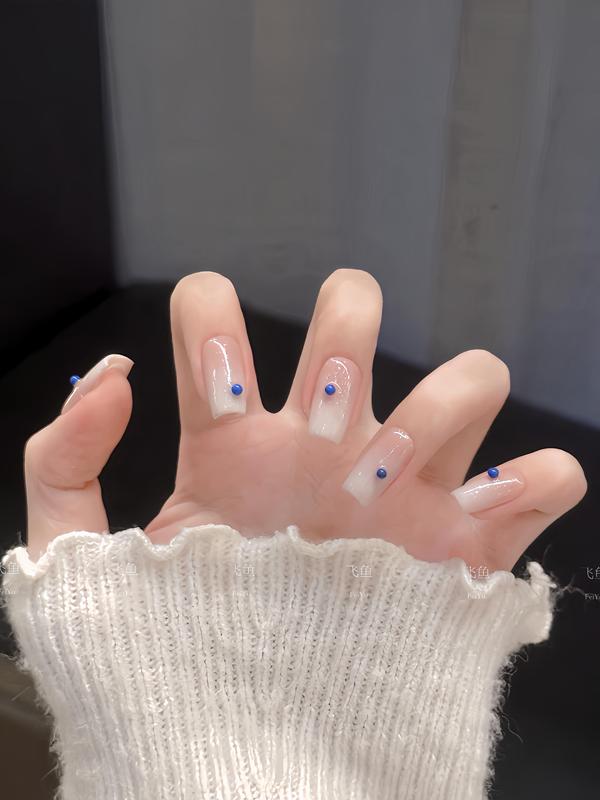[Blue Sugar Ball] Handmade Wearable Nails Medium-Length Manicure Milky White Gradient ins Style Gentle and Cute for Students