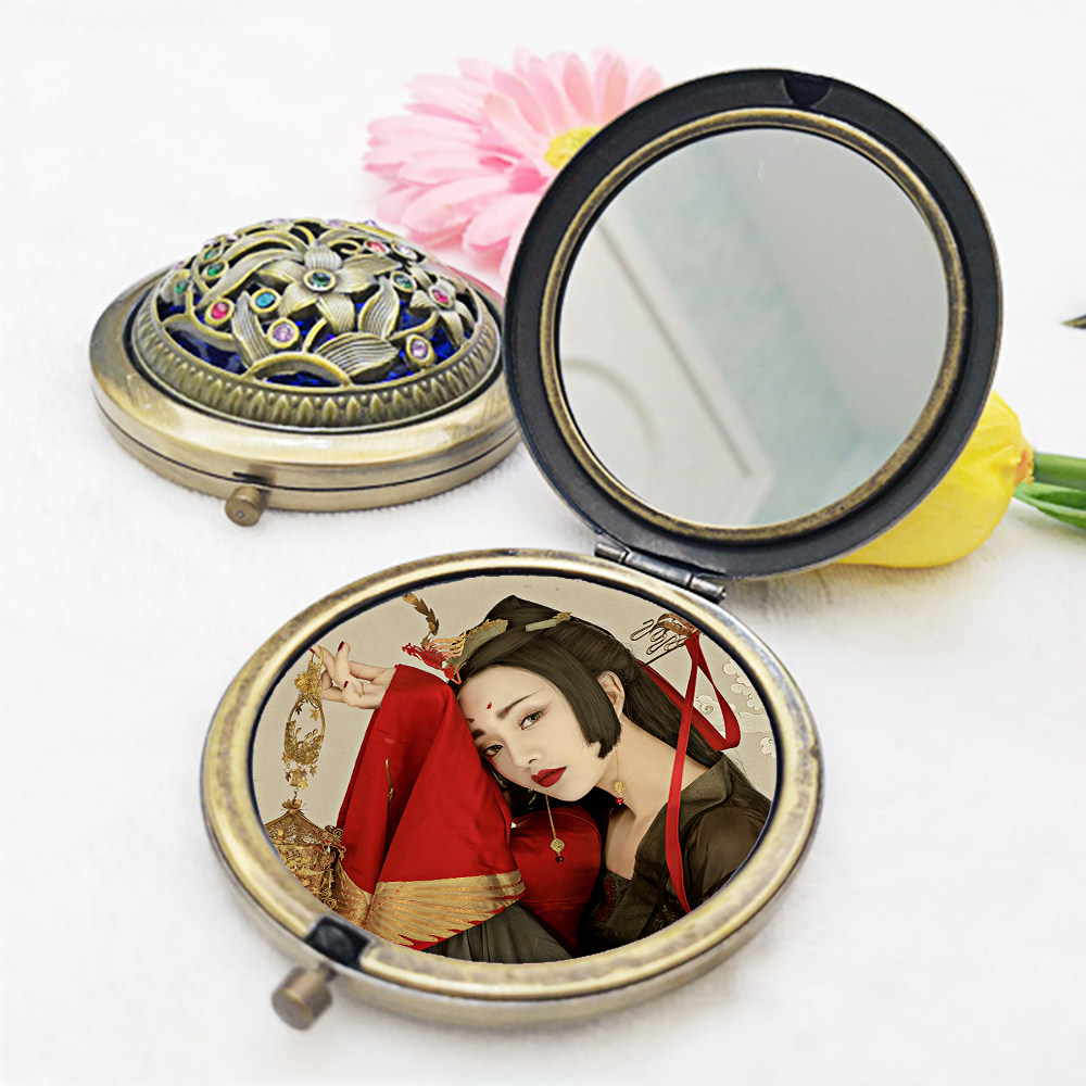 Antique hollow-out rhinestone mirror folding makeup small mirror portable photo customized DIY birthday holiday gift