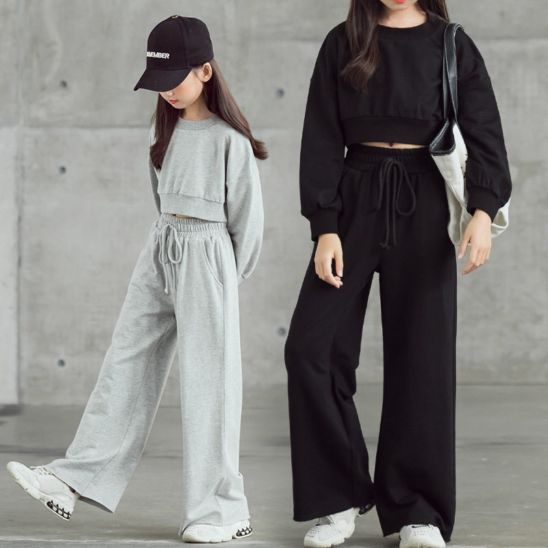 Girls' suit spring and autumn net red 2022 foreign style domineering big children parent-child high waist short sweater wide-leg pants two-piece set