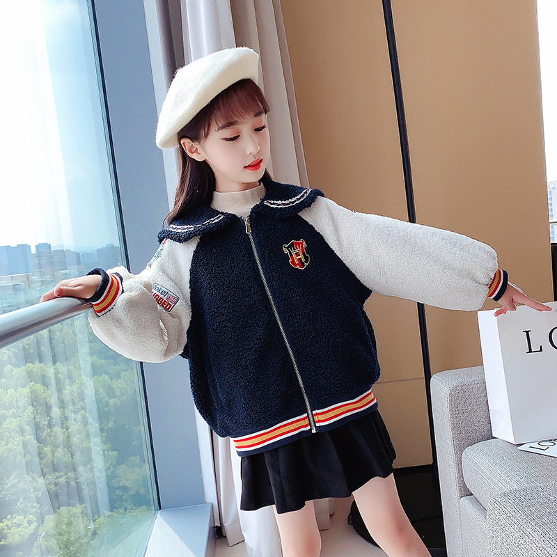 Girls Cashmere Coat 2020 New Academy Style Children's Lamb Hair Thick Color Cotton Clothes Navy Coat Tide