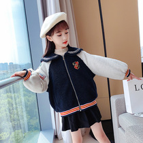 Girls lamb wool coat 2020 new academic style children's lamb wool padded color matching cotton-padded navy coat tide