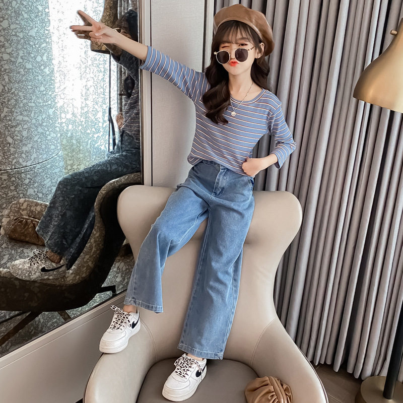 Girls net red suit 2021 new Korean version of cotton striped T-shirt bottoming shirt jeans wide leg pants two-piece set