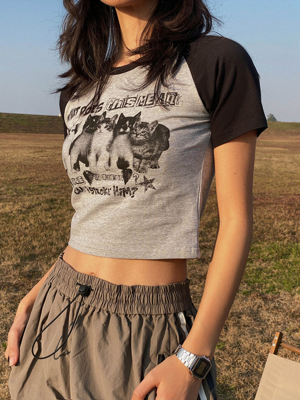 Y2K Crop Top T-Shirt Summer Fashion Personality Cat Navel-Baring T-Shirt Short American Hot Girl Outfit