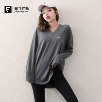 Large size fitness jacket women fat mm loose long 200kg solid color v collar long sleeve hooded yoga clothing autumn and winter