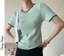 Legram Coloured design Ice Silk short sleeve green needle weaseling with 2022 spring and summer new round collar light lavish