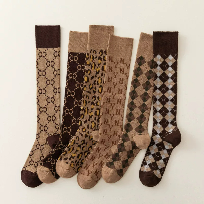 Japanese Trendy Brand C Letter Calf Socks for Women, Double-Needle Autumn and Winter Retro Long Tube Slouchy Socks, Melard Brown Long Cotton Socks