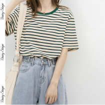Day Series Short Sleeve T-shirt Woman 2022 New 100 Lapped Loose Pure Cotton Green Stripe Compassionate Woman for Summer Thin Money