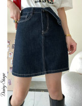 Day Ensemble Big Flip Side Design Sense Denim High Waist A Word Half Skirt Woman Half Body Skirt Original 100 lap high-end short skirt elastic