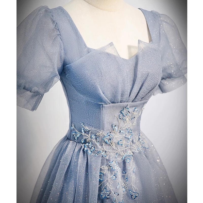 Blue Evening Dress for Women, French High-End Light Luxury, Niche Banquet Style, Elegant for Art Exams, Hostess, Coming-Of-Age Ceremony, Sophisticated Feel