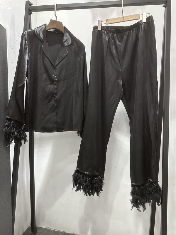 Spring and Autumn Black Feather-Trimmed Cuffs Faux Satin Long-Sleeve Top and Long Pants Set Spring and Autumn Black Feather-Trimmed Cuffs Faux Satin Long-Sleeve Top and Long Pants Set