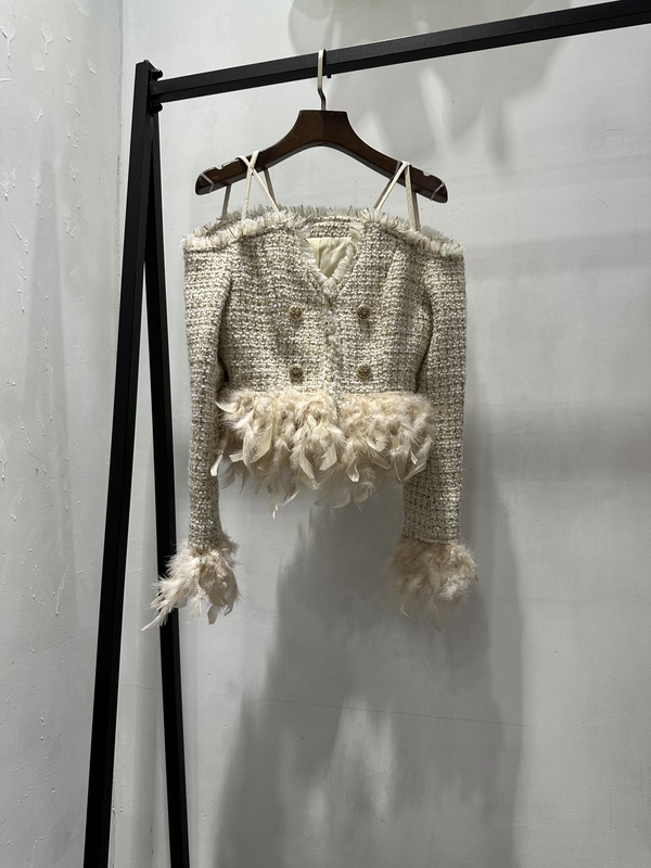 Autumn and Winter Feather-Trimmed Short Long-Sleeved Jacket