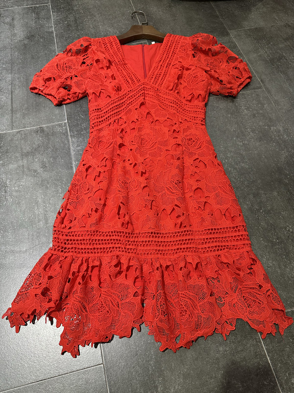 White and Red Lace Elegant V-Neck Water-Soluble Lace Dress Slim Fit Mid-Length Women's Summer Dress