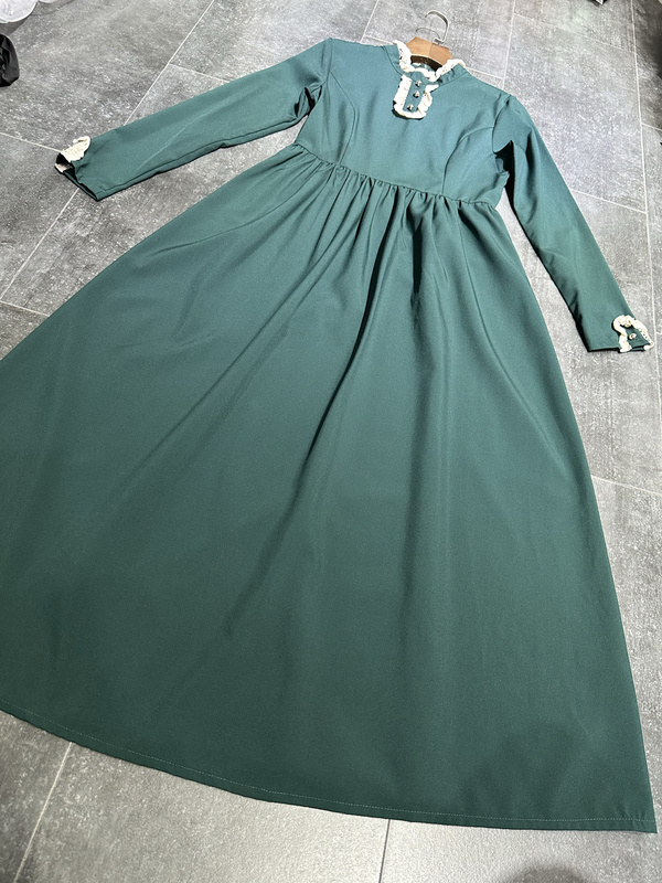 Green Autumn Women's Ethnic Style Waist-Cinching Long-Sleeved Mid-Length Dress