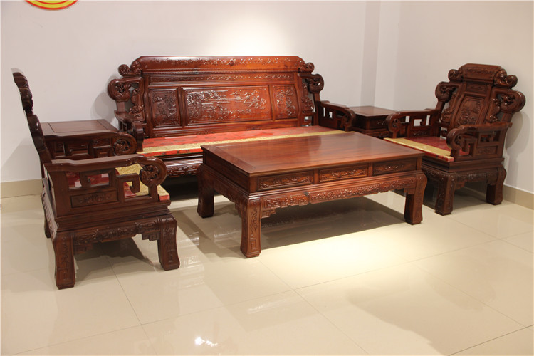 Sofa Mahogany Dongyang mahogany đồ nội thất cổ điển chạm khắc rồng nhỏ và phượng hoàng Cheng Tường sofa gỗ hồng mộc kết hợp bàn cà phê - Bộ đồ nội thất sofa gỗ đơn giản