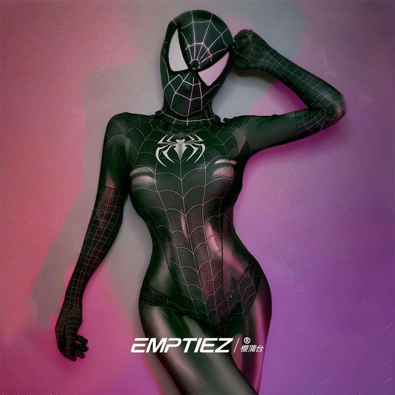 Black Spider-Man Bodysuit Sexy Cosplay Anime Internet Celebrity Zipper Open Crotch Erotic Jumpsuit