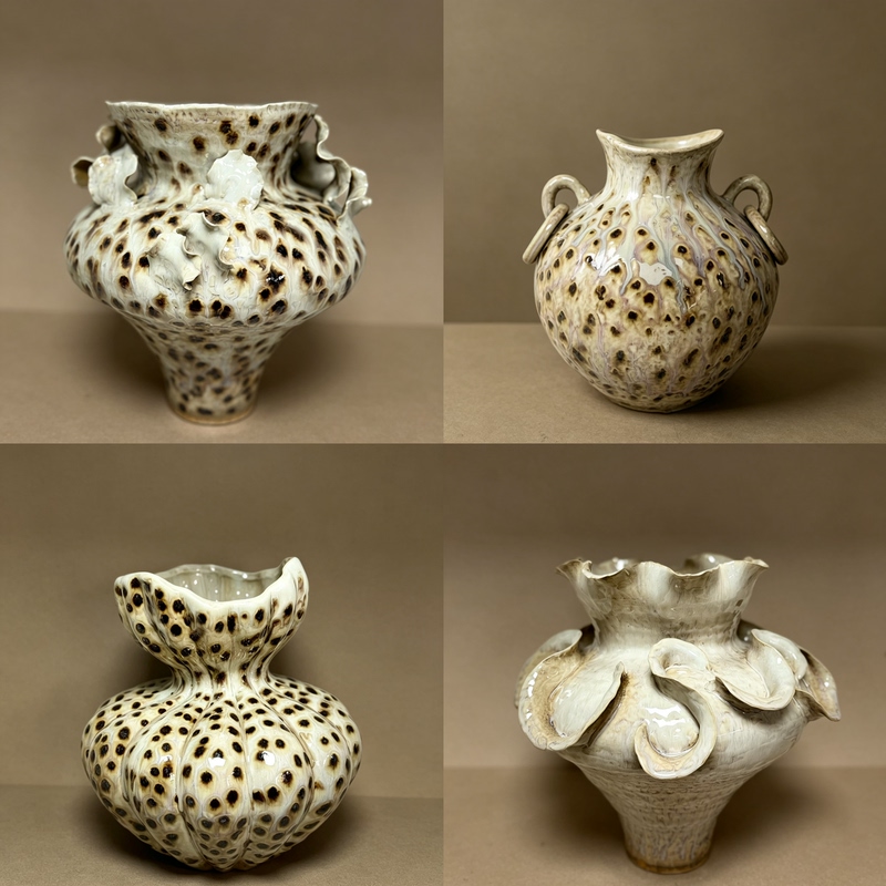Weini Home, a Set of Ceramic Flower Vessels with Natural Glaze and Hand-Applied Patches Weini Home, a Set of Ceramic Flower Vessels with Natural Glaze and Hand-Applied Patches