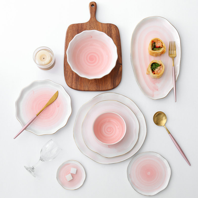 Nordic Light Luxury Ceramic Trendy Tableware Gold-Rimmed Western Dinner Plate Steak Plate Home Dessert Plate Bowl and Plate Set Exquisite