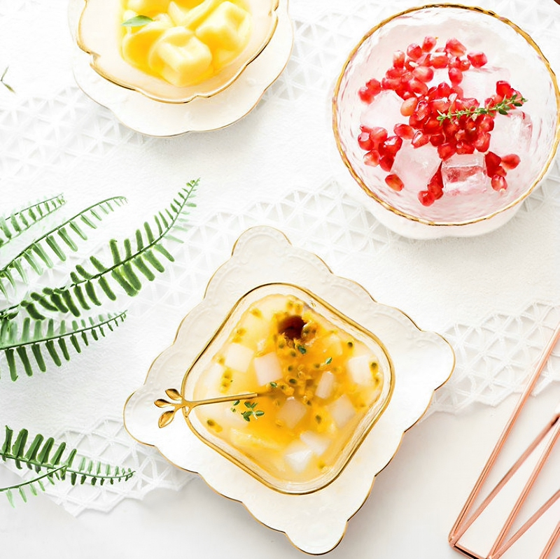 Gold-Decorated Dessert Transparent Glass Bowl, Cherry Blossom Heat-Resistant Tableware Set, Bird's Nest Bowl, Salad Bowl, White Fungus Bowl, Sweet Soup Bowl